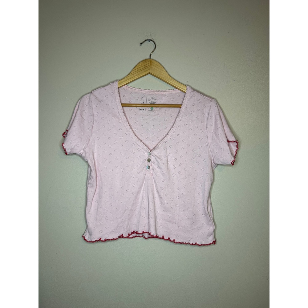 Joie Pink Organic‎ Cotton Heart Pointelle Lettuce Edge V-Neck Top Medium
